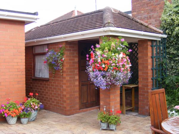 Hanging baskets on the outside of a house
